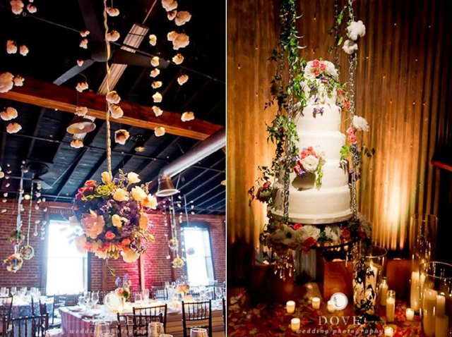 nashville wedding, reception, hanging flowers, hanging cake, dove photography